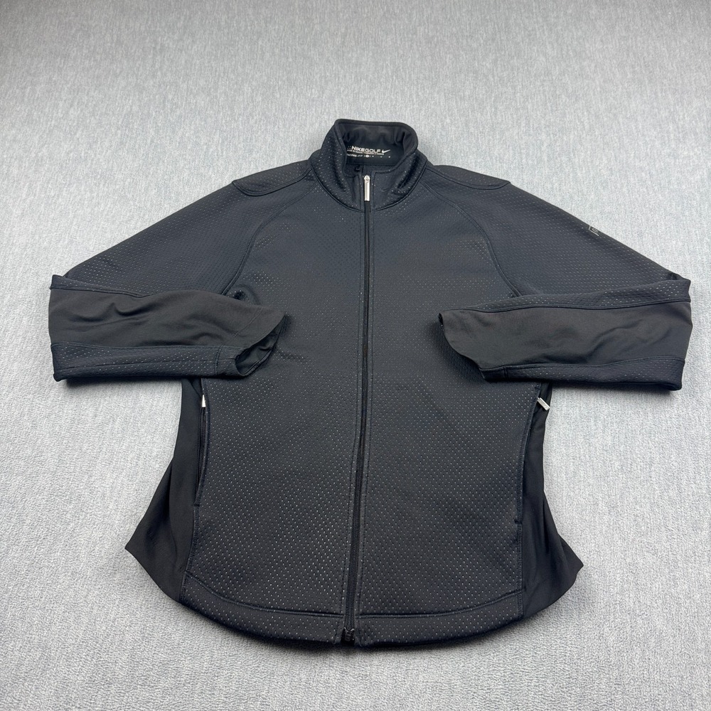 Nike‎ Golf Jacket Womens Medium Black Therma Fit Fleece Full Zip Textured Active